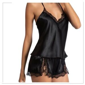 In Bloom By Jonquil Solid Satin Lace Sleeveless Shorty Pajama Set Black Medium